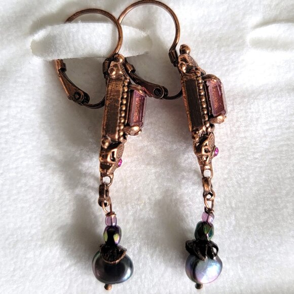 SATELLITE PARIS VINTAGE AMETHYST FACETED GLASS STONE LEVERBACK COPPER EARRINGS - Picture 3 of 6